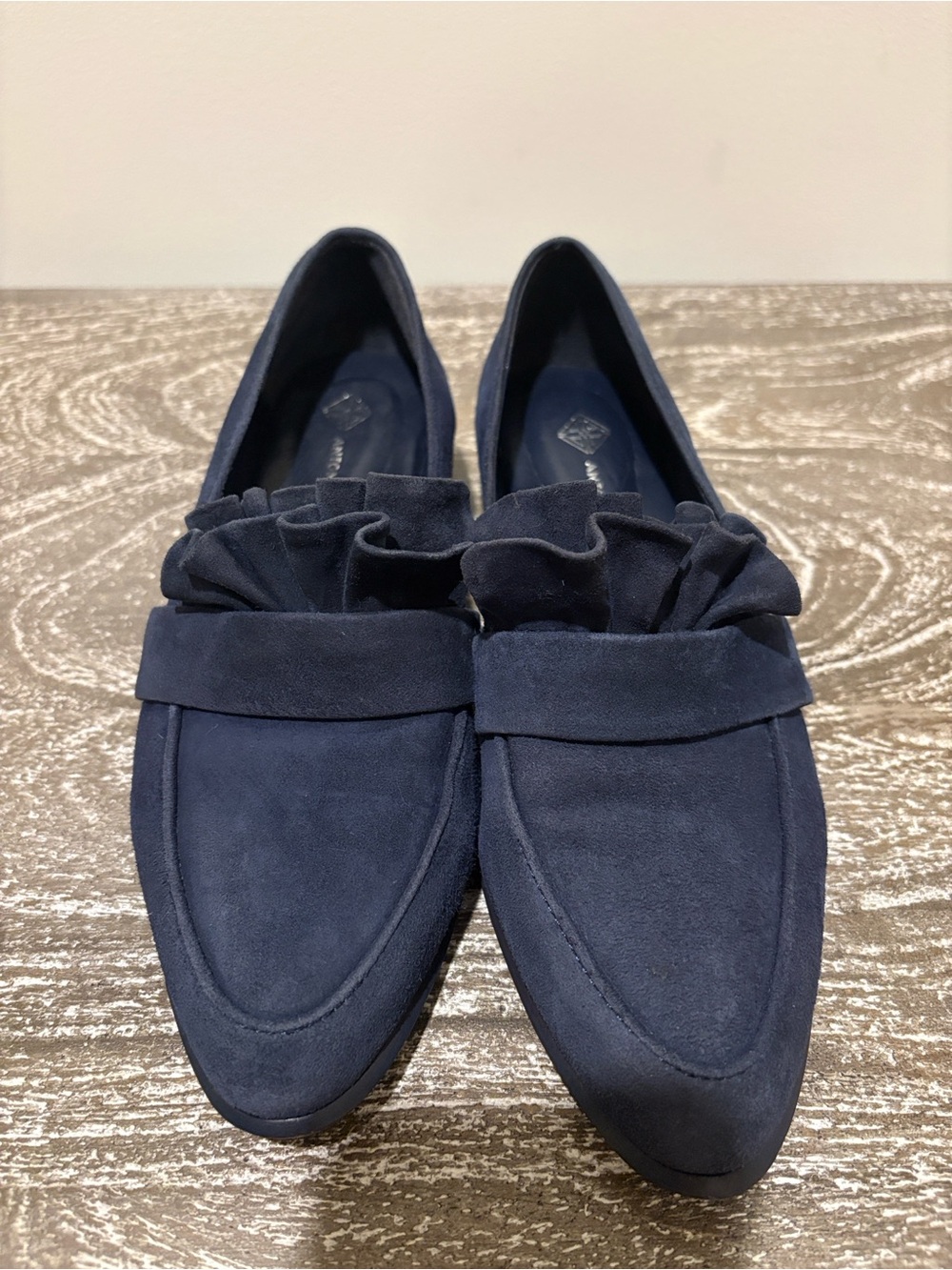 ANTONIO MELANI Navy Suede Ruffle Loafers